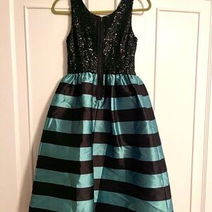 leifsdottir Black Sequin Bodice with Teal and Black Striped Midi Skirt